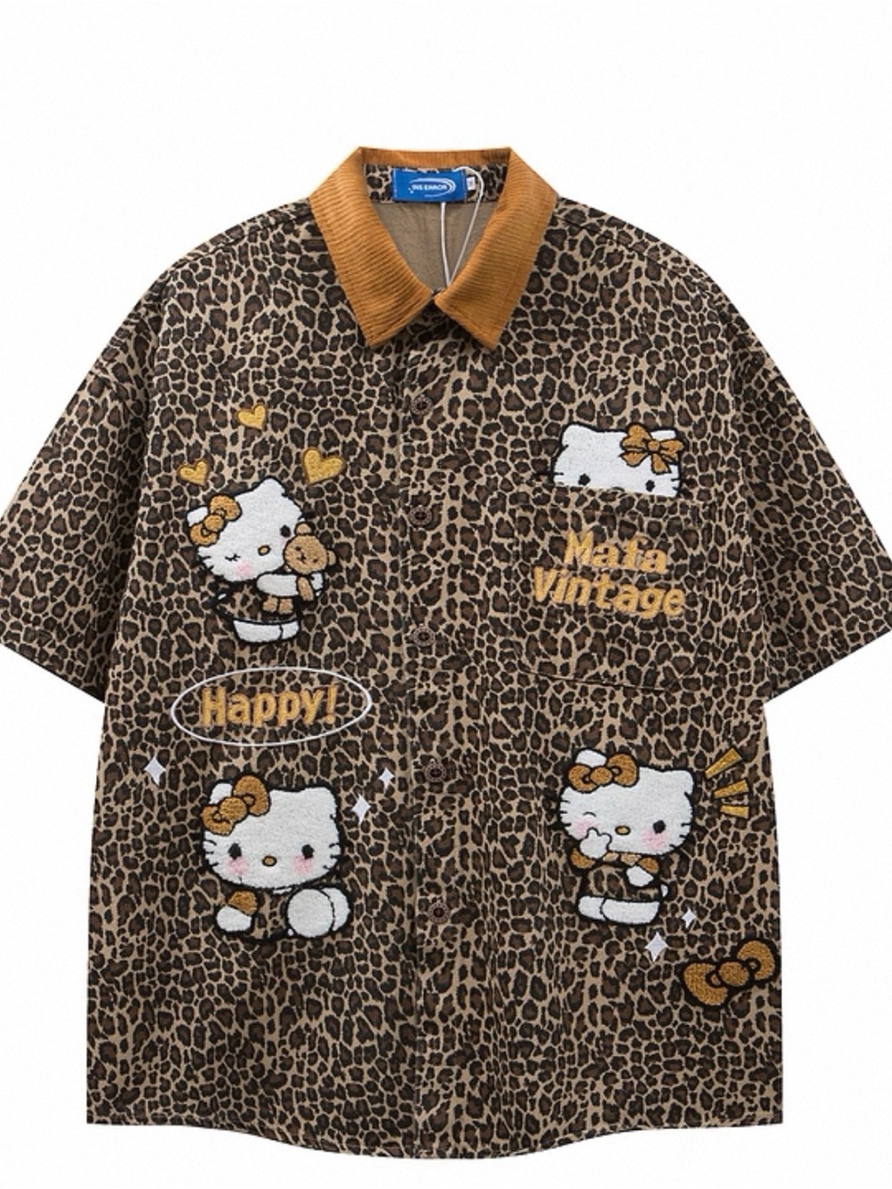 Hello Kitty Brown Leopard Print Short-Sleeve Shirt - Vintage Style Oversized